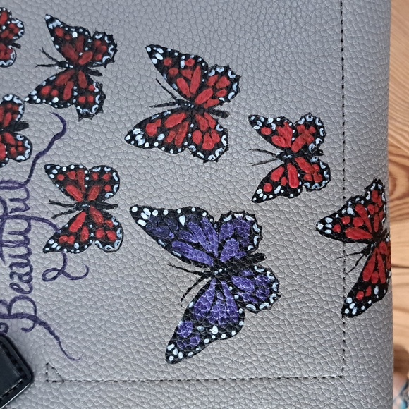 Hand Crafted Painted Leather Bag Tote Butterflies - Picture 8 of 17